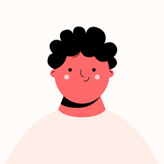 Portrait of cute boy with black hair. Trendy cute avatar of man. Vector flat illustration of smiling man.