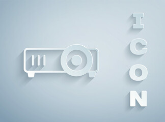 Paper cut Presentation, movie, film, media projector icon isolated on grey background. Paper art style. Vector