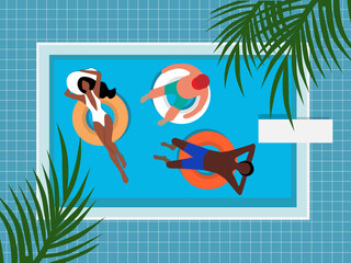 People chilling on the pool float in the swimming pool, enjoy summer and relax. Summer vacation with friends. Vector illustration