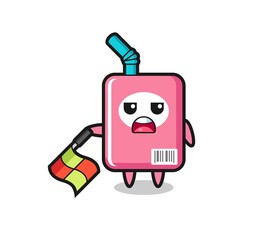 milk box character as line judge hold the flag down at a 45 degree angle
