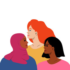 Portraits of three women of different nationalities and cultures standing together. The concept of gender equality and of the female empowerment movement. Vector illustration