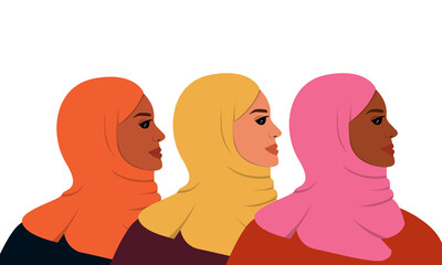 Three Arabian women are standing together. Emirati Women's day greeting card with young Muslim females wearing colorful hijabs. Vector illustration 