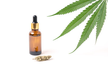 Cannabis oil extracts in jars and green cannabis leaves, marijuana isolated on white background. Growing medical and herb marijuana.