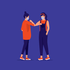 Two Women Greeting With Elbow Bump Instead Of Shaking Hands To Prevent The Spread Of COVID-19. Handshake Alternatives. Social Distancing Greeting.