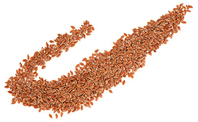 Pile of flax seeds isolated on a white background, top view. Bio organic flax seeds.