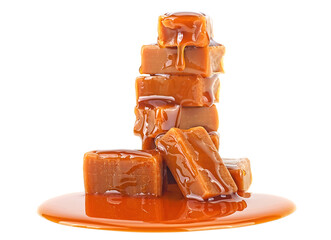 Delicious sweets with caramel sauce isolated on a white background. Candies with caramel topping.