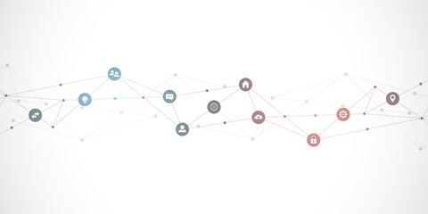 Information technology background with infographic elements and flat icons. Digital technology, network connection and communication concept