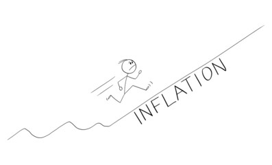 Frustrated Man or Businessman Running Uphill Rising Inflation Graph, Vector Cartoon Stick Figure Illustration