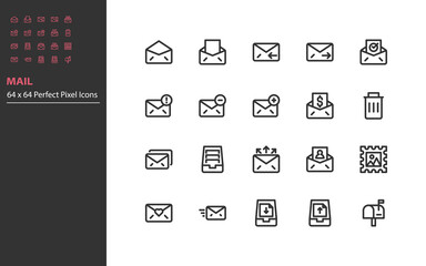 set of email line icons, sending, envelope, mail, contact
