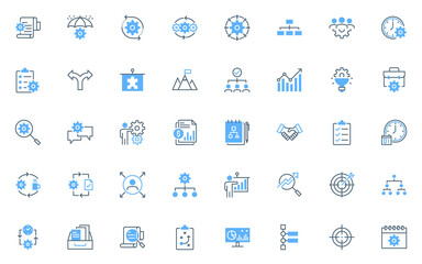 set of project management line icons, business, organization, process, planning
