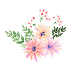 Watercolor illustration with various decorative flowers and leaves