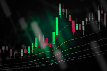 Stock market trend or Forex trading graph chart for financial planning as concept. Double exposure of digital number and price quote to do stock analysis with many indicators.