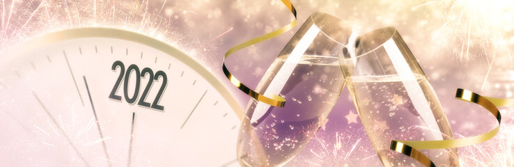 Glasses of sparkling wine, clock, shiny streamers and firework on color background, banner design....