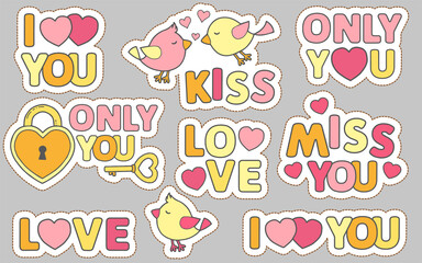 Set of funny doodle stickers with lettering. Love story for weddings day or valentines day
