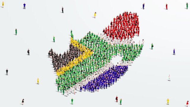 South Africa Map and Flag. A large group of people in the South African flag color form to create the map. 4K Animation Video.