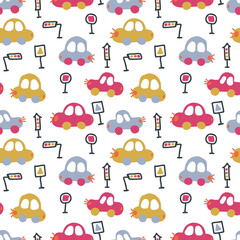Obraz premium Multicolor bright seamless pattern of traffic cars and road signs. Design for T-shirt, textile and prints. Hand drawn illustration.