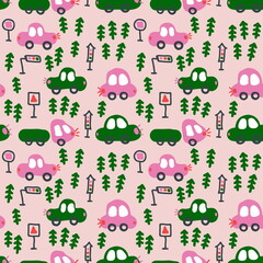Bright green seamless pattern of traffic cars and christmas trees. Perfect for scrapbooking, poster, textile and prints. Hand drawn illustration for decor and design.