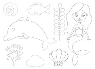 Mermaid underwater world black and white coloring vector illustration