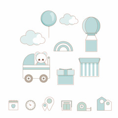 Baby boy design elements and decor. Invitations, cards, nursery decor