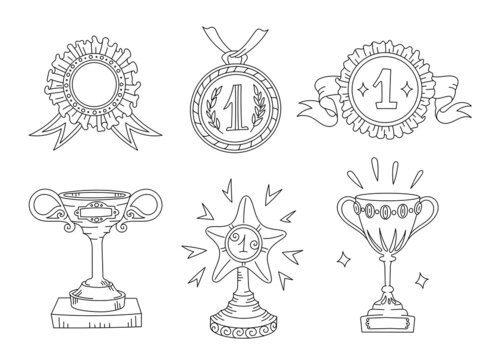 First place, top achievement. Awards cups and medals. Icon set. Hand-drawn sketch. Outline contour line. Open paths. Editable stroke.