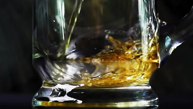 Beer is pouring into a beer mug with bubbles on a black background. 4k slow motion video with the camera moving down.