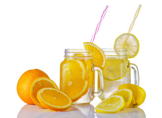 High resolution photo: Lemon and orange drinks with fruit slices
