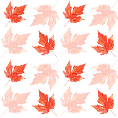 Fototapeta na wymiar Orange maple leaf bright watercolor texture seamless pattern. Vector autumn fall background. Backdrop for Thanksgiving, Halloween, back to school banner, poster, textile, fabric, greeting card.