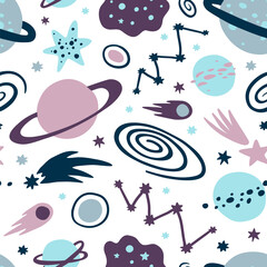 Vector space seamless pattern with hand drawn cosmic elements: star, planet, constellations, comets, galaxies. Flat kids vector illustration on white background.