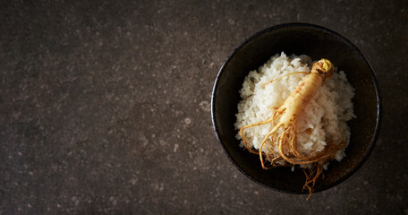 Ripe rice and ginseng in a ceramic bowl