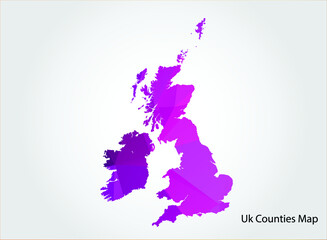 Uk Counties Map pink Color on white background polygonal