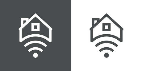 Sistemas inteligentes para el hogar. Logotipo silueta de casa con ondas inalámbricas con lineas en fondo gris y fondo blanco