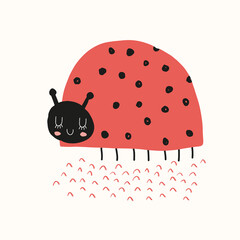 Cute Hand Drawn Nursery Vector Illustration with Funny Red Ladybug ideal for Card, Poster, Wall Art. Lovely Boho Art with Dotted Lady Bird Isolated on a Cream Background. Kids Room Decoration. © Magdalena