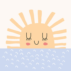 Cute Hand Drawn Nursery Vector Illustration with Funny Dreamy Sun ideal for Card, Poster, Wall Art. Lovely Childish Style Art with Sunset and Blue Sea on a Cream Background. Kids Room Decoration.