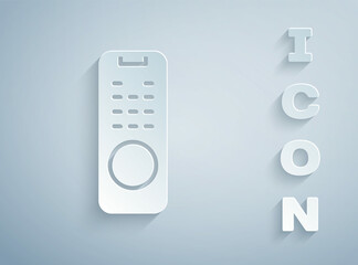 Paper cut Remote control icon isolated on grey background. Paper art style. Vector