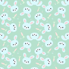 Seamless pattern with cute bunnies, carrots and other elements. Design for clothing, fabric and other items. The illustration is hand-drawn with live lines in the cartun style.