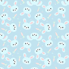 Seamless pattern with cute bunnies, carrots and other elements. Design for clothing, fabric and other items. The illustration is hand-drawn with live lines in the cartun style.