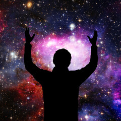 man in front of the universe, spiritual energy and soul searching concept