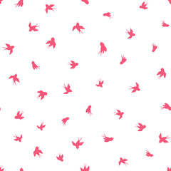 Seamless pattern with pink swallow silhouette on white background. Cute bird in flight. Vector illustration. Doodle style. Design for invitation, poster, card, fabric, textile