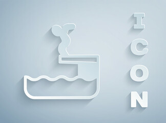 Paper cut Swimmer diving into pool icon isolated on grey background. Paper art style. Vector