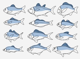 Doodle freehand sketch continuous drawing of fish collection.
