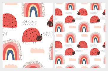 Cute Hand Drawn Nursery Vector Patterns with Funny Red Ladybugs, Clouds and Rainbows. Lovely Childish Print with Dotted Lady Birds and Rainbows of Irregular Shape Isolated on a White Background. © Magdalena