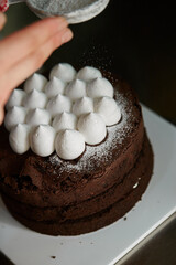 Making a cake, decorating the cake with whipped cream