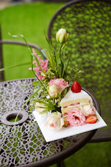 Flower decoration on a piece of cake