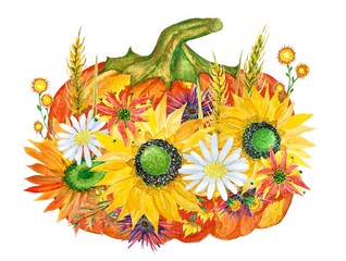 Watercolor composition with pumpkin and flowers for harvest festival or halloween