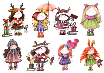 cartoon style kids cards seasons set of illustrations of dolls in different clothes and seasons with toys holidays new year on white background