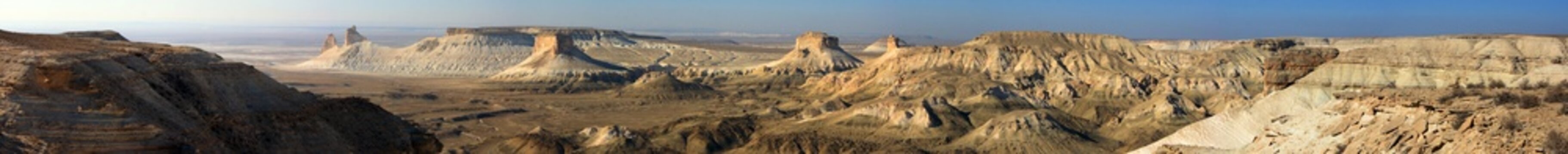 Western Kazakhstan. Ustyurt plateau. A panoramic view of Bozzhira from the upper plateau.