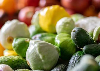 color photo with autumn vegetables on the table, different colors, shapes and types of vegetables prepared for home canning, autumn harvest time