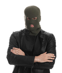 Man wearing knitted balaclava on white background