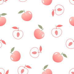 Seamless pattern with peach fruit and green leaves on pastel background vector. Cute fruit print.