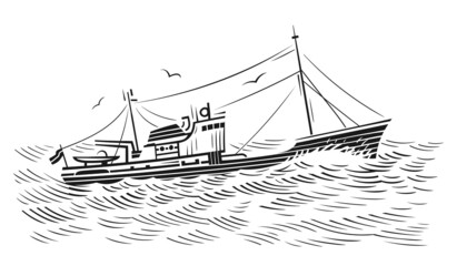 Vintage fishing boat monochrome illustration for label/prints etc. Vector.  - obrazy, fototapety, plakaty